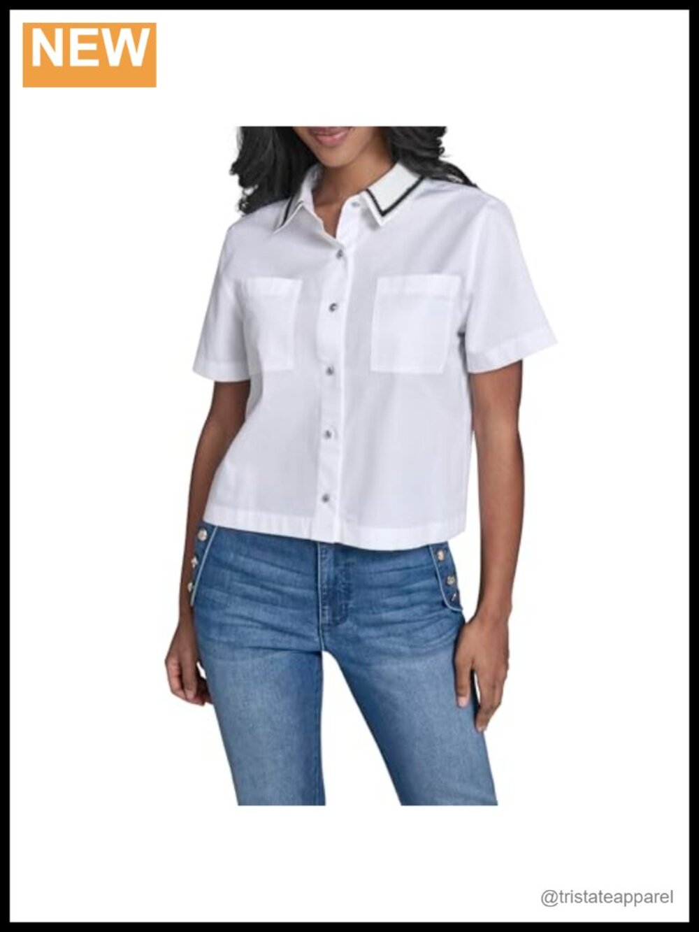 Karl Lagerfeld Womens Embroidered Collar Camp Shirt Short Sleeve Button Up